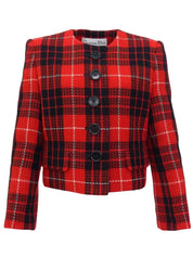 Tweed check pattern cropped jacket in red, black, and white