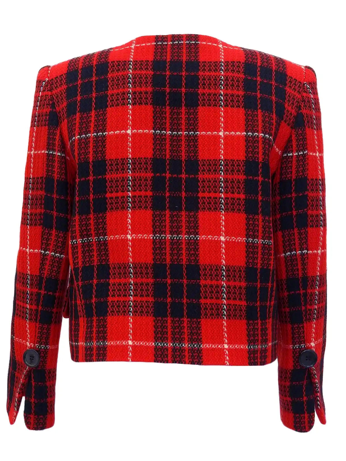 Tweed check pattern cropped jacket in red, black, and white