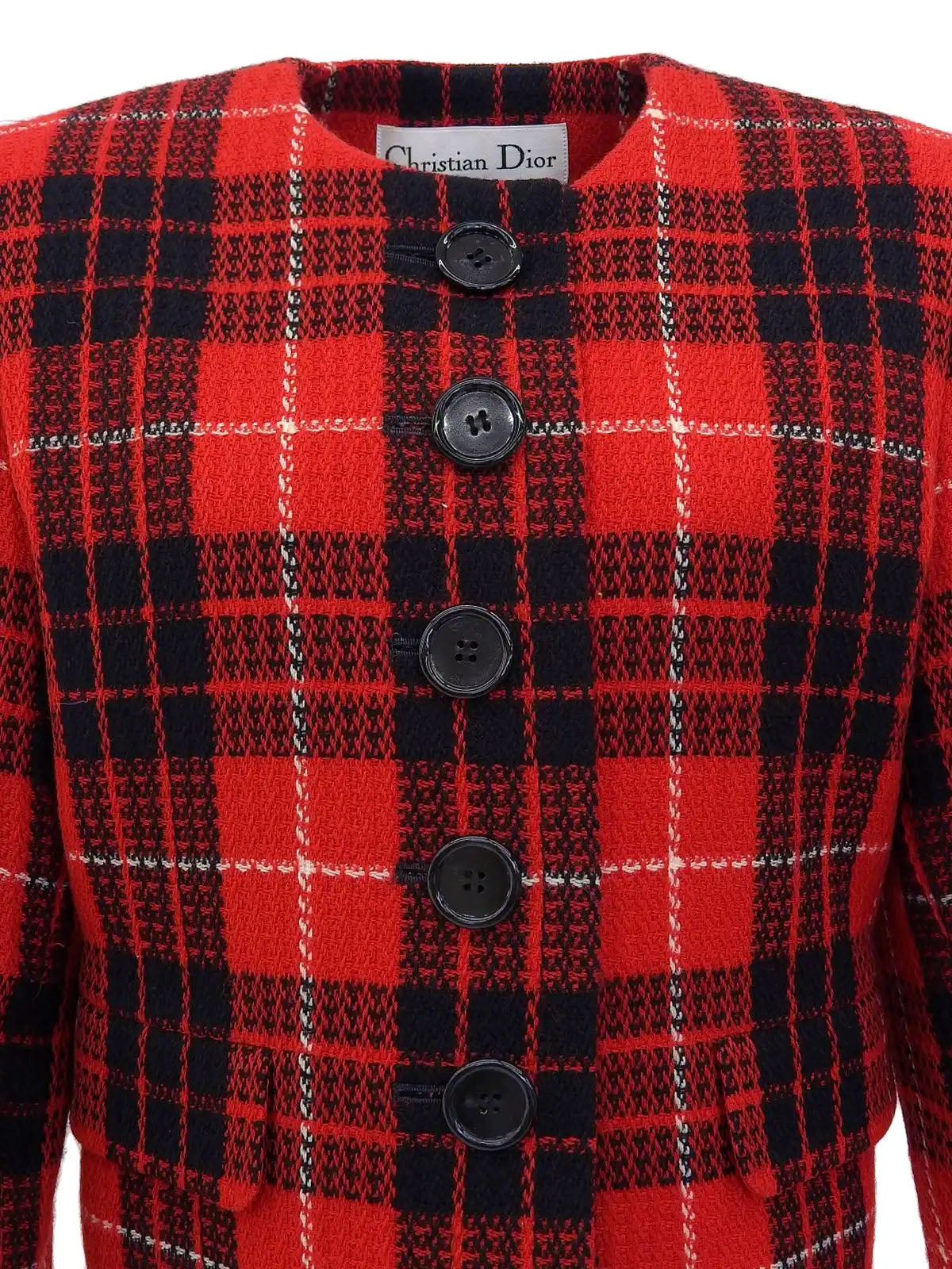 Tweed check pattern cropped jacket in red, black, and white