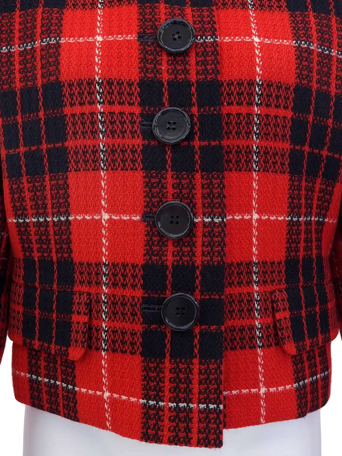 Tweed check pattern cropped jacket in red, black, and white
