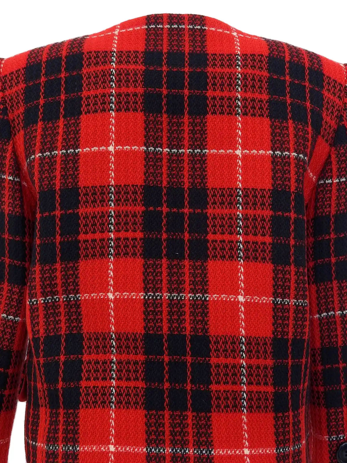 Tweed check pattern cropped jacket in red, black, and white