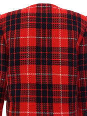 Tweed check pattern cropped jacket in red, black, and white