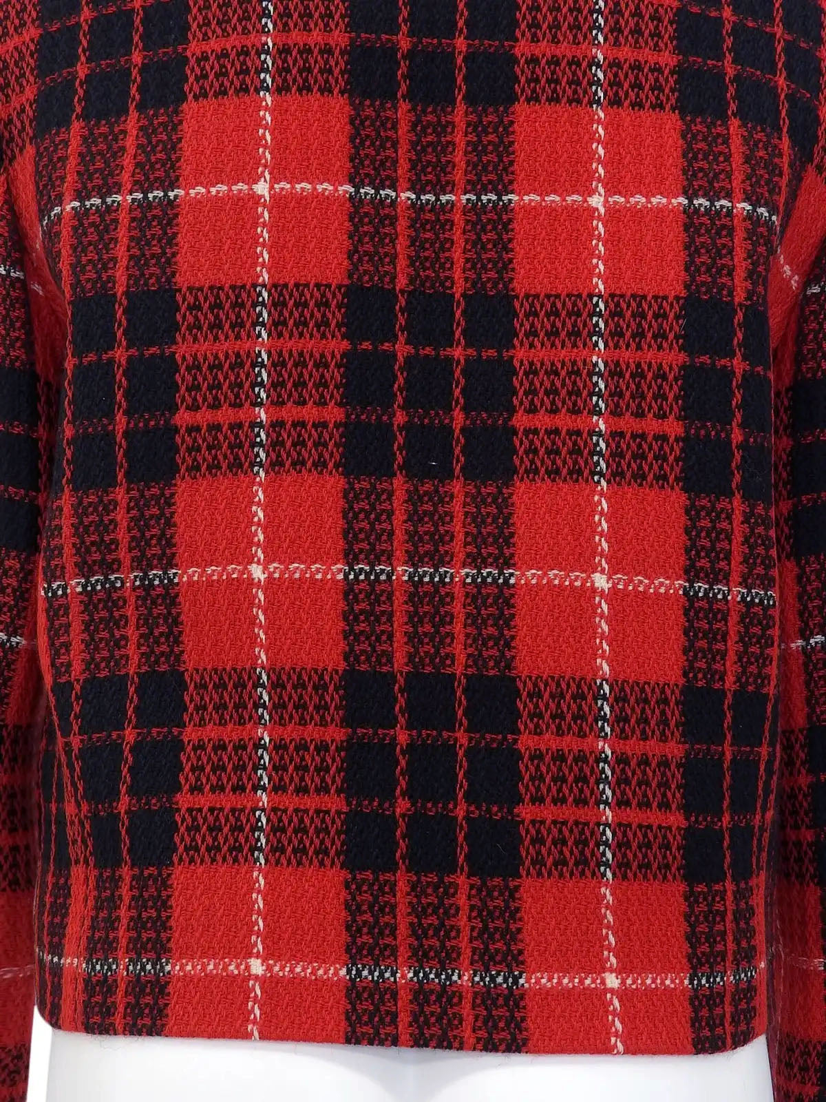 Tweed check pattern cropped jacket in red, black, and white