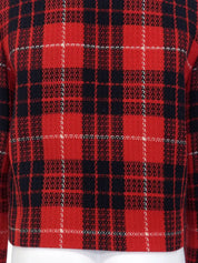 Tweed check pattern cropped jacket in red, black, and white