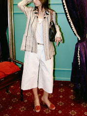 2004年製　ツイードリボンCCマークボタンジャケット　ホワイト／ブラック／グレー