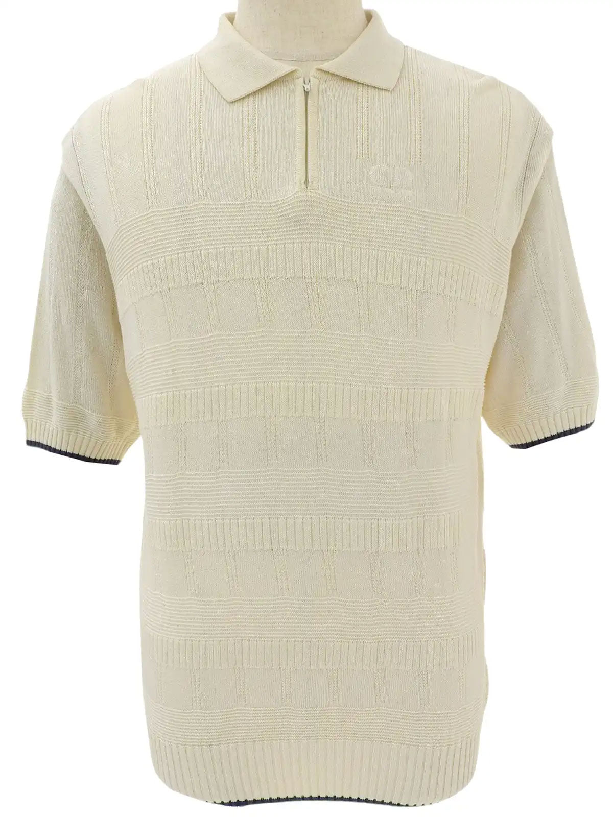 ロゴ刺繍半袖ニットジップアップポロシャツ アイボリー