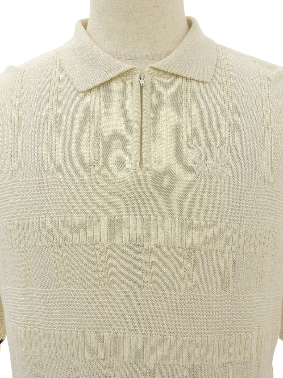 Logo Embroidered Half Sleeve Knit Zip-Up Polo Shirt in Ivory