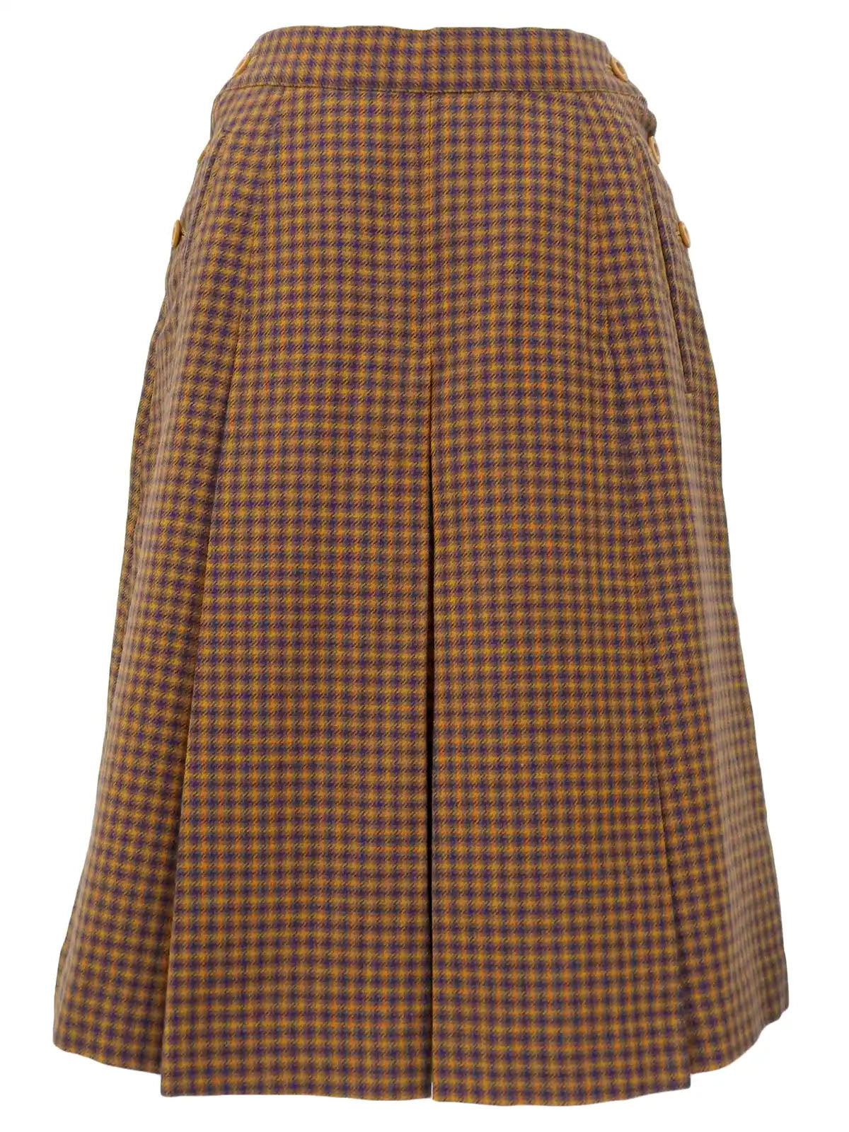 Block Check Pattern Box Pleated Skirt in Camel/Navy