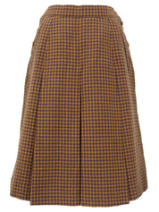 Block Check Pattern Box Pleated Skirt in Camel/Navy