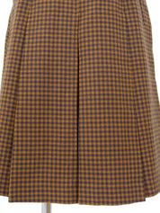 Block Check Pattern Box Pleated Skirt in Camel/Navy