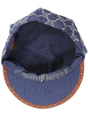 Studded Denim Macadam Pattern Newsboy Cap in Indigo