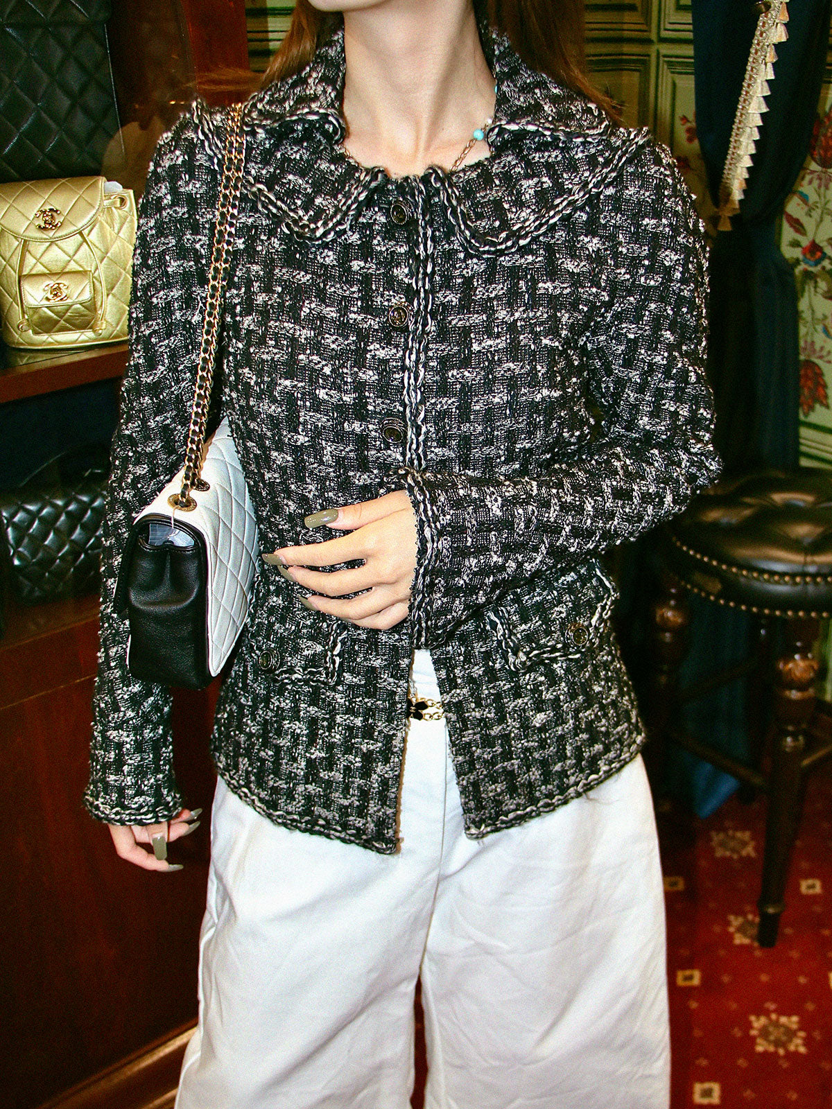 Tweed CC Mark Button Jacket in Black/White