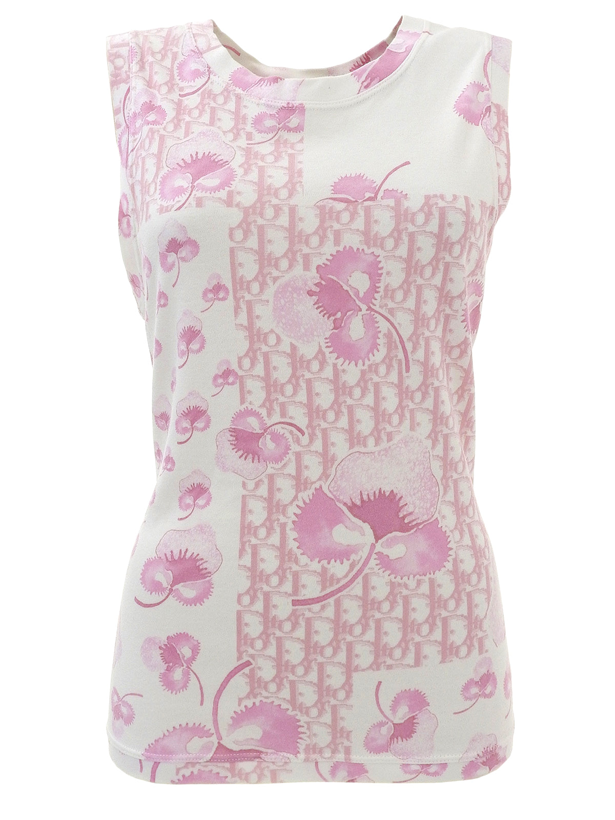 フラワートロッターパターンノースリーブトップス ピンク/ホワイト