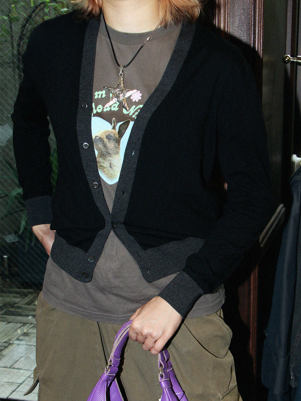 Two-tone wool cardigan in black/gray