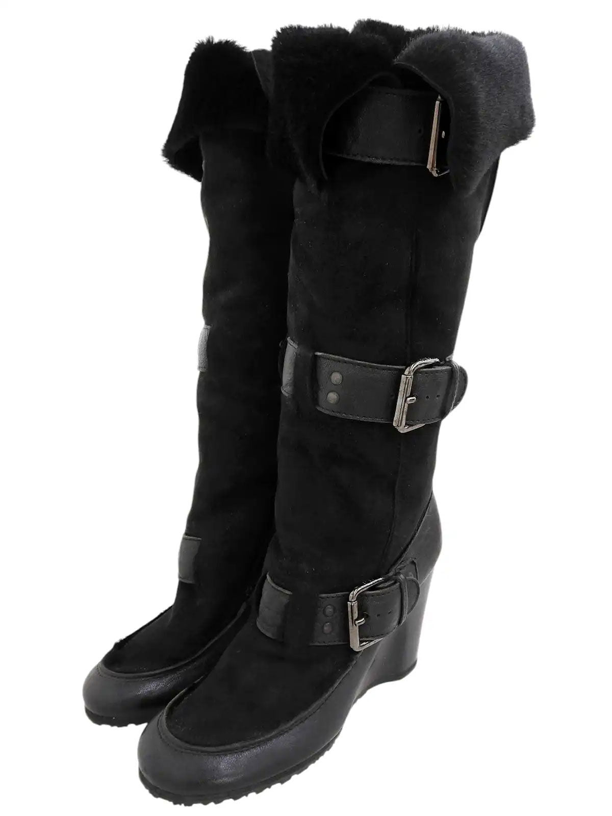 Black sheepskin logo buckle wedge sole boots