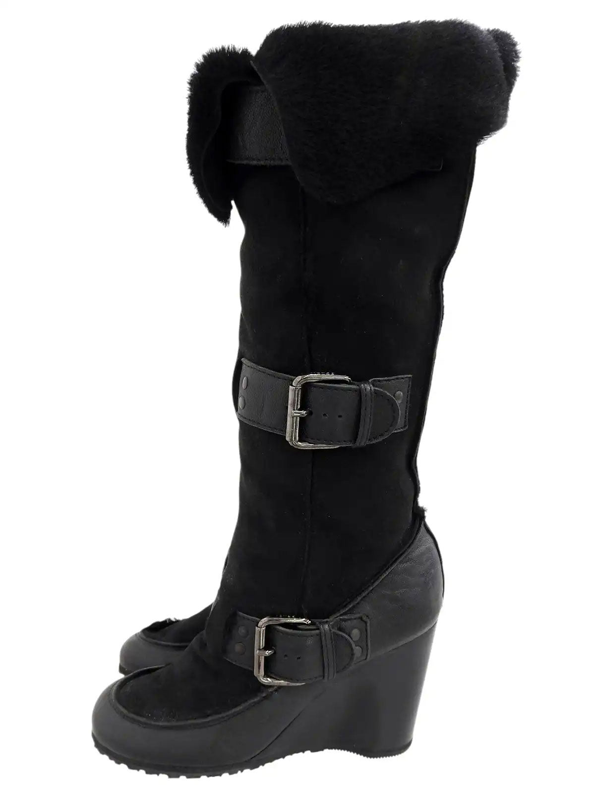 Black sheepskin logo buckle wedge sole boots