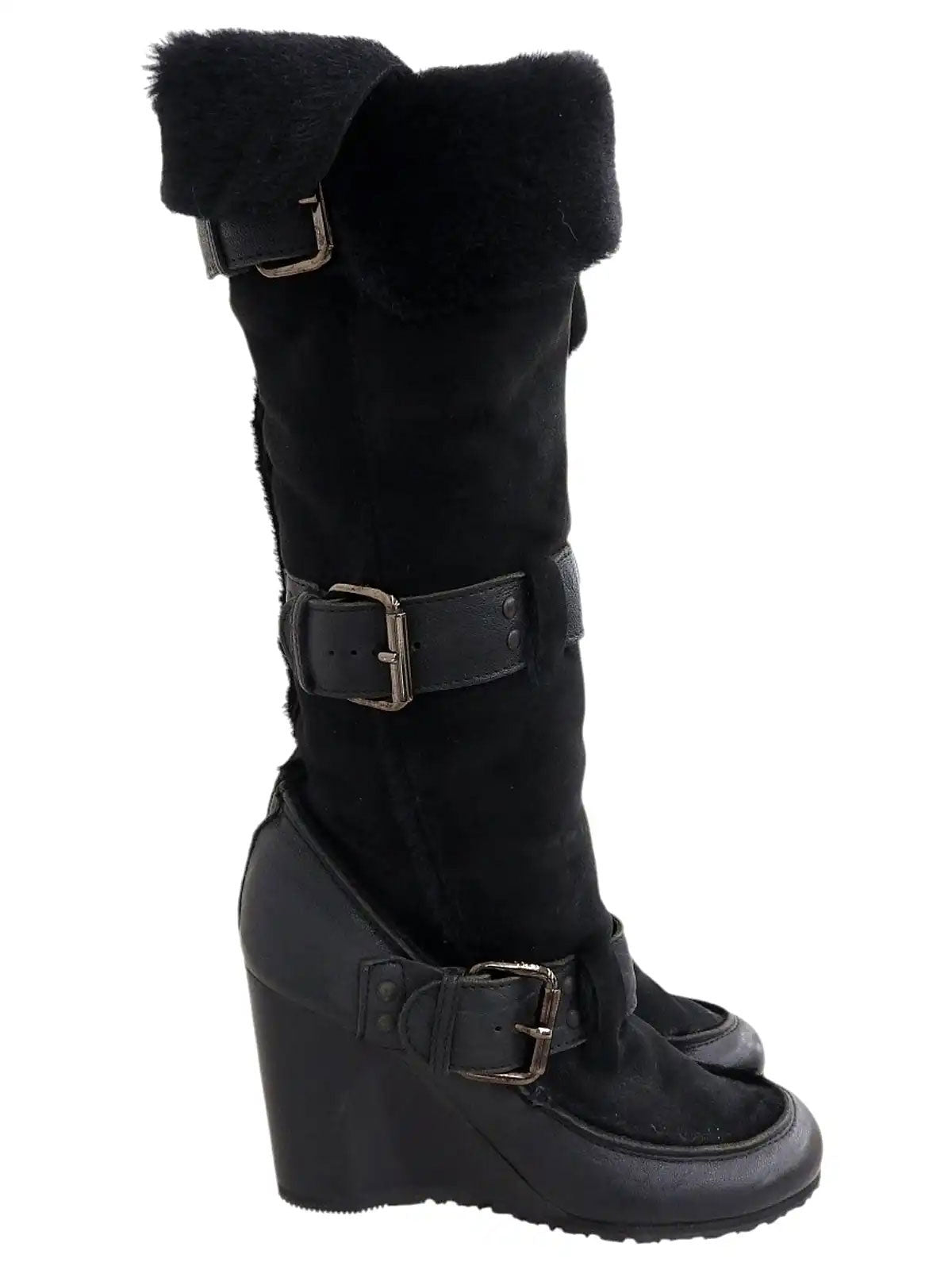 Black sheepskin logo buckle wedge sole boots