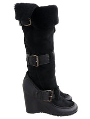 Black sheepskin logo buckle wedge sole boots