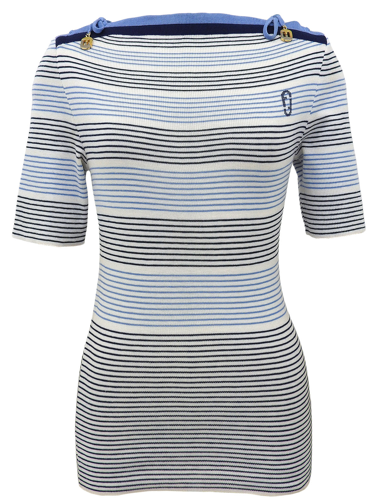 ボーダーパターンニット半袖トップス ホワイト/ブルー