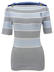 ボーダーパターンニット半袖トップス ホワイト/ブルー