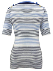 ボーダーパターンニット半袖トップス ホワイト/ブルー