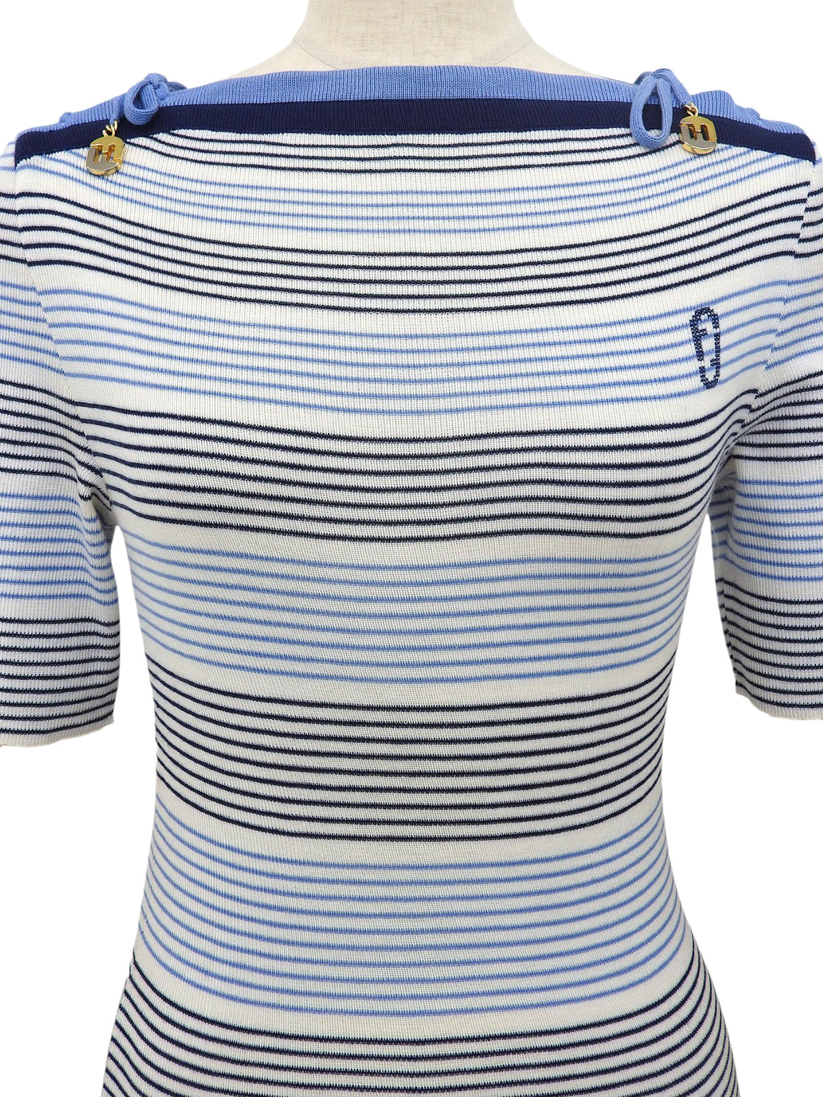 ボーダーパターンニット半袖トップス ホワイト/ブルー