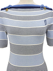 ボーダーパターンニット半袖トップス ホワイト/ブルー