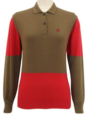 バイカラーロゴ刺繍長袖ポロシャツ ブラウン/レッド