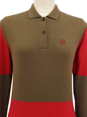 バイカラーロゴ刺繍長袖ポロシャツ ブラウン/レッド