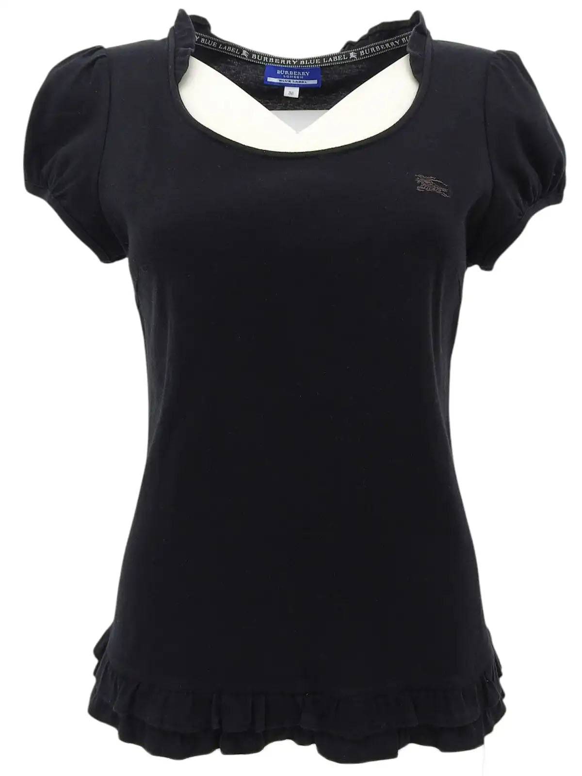 ロゴ刺繍フリル半袖トップス ブラック