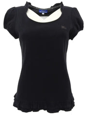 ロゴ刺繍フリル半袖トップス ブラック