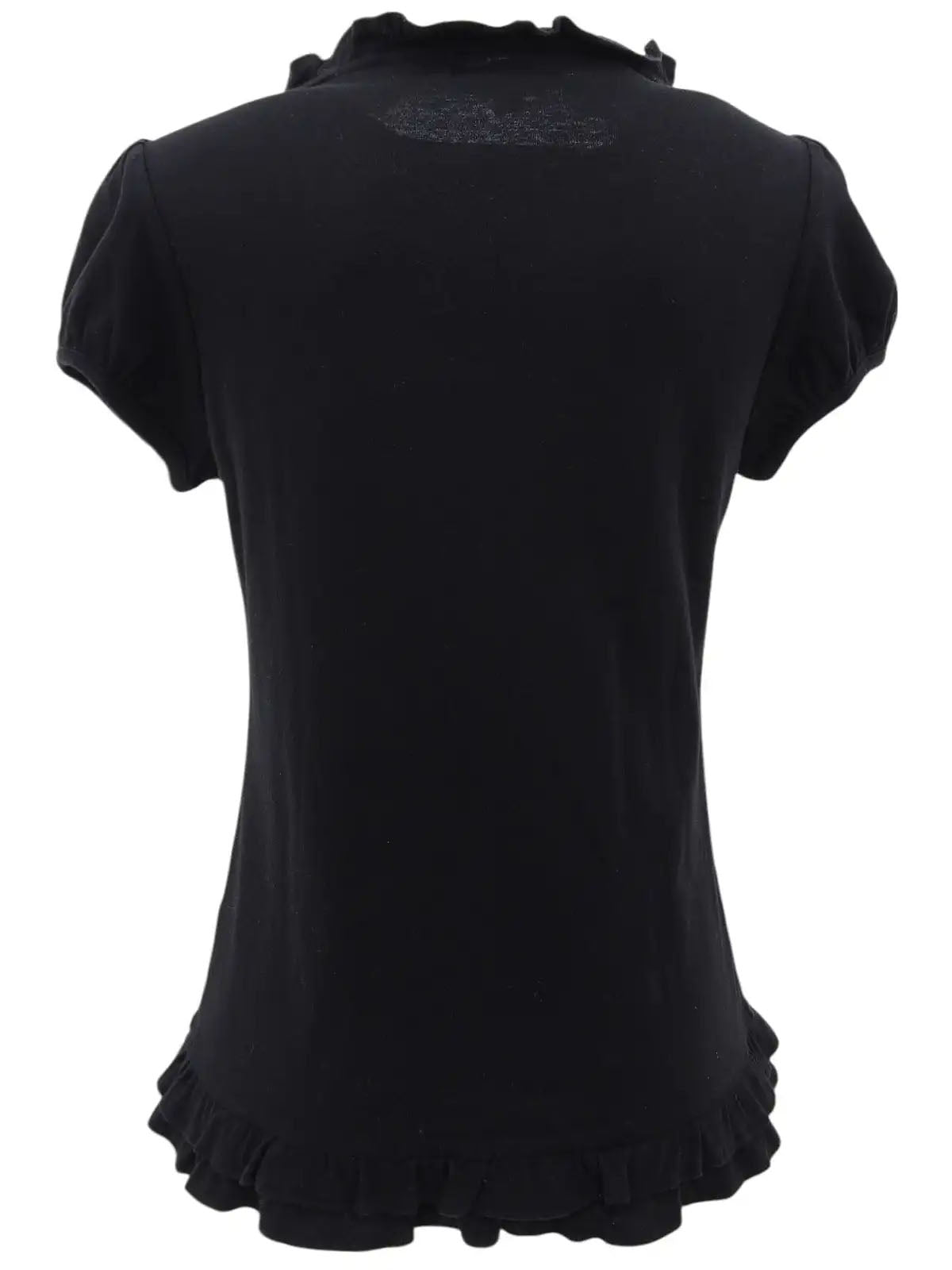 黑色刺绣Logo荷叶边短袖上衣