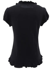 黑色刺绣Logo荷叶边短袖上衣
