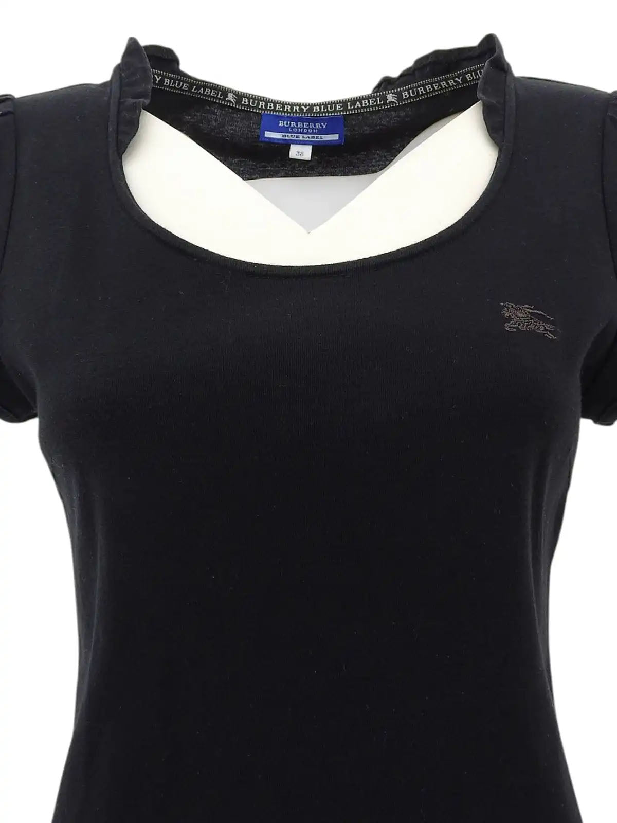 黑色刺绣Logo荷叶边短袖上衣