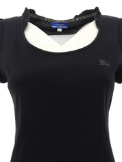 Logo Embroidered Frill Half Sleeve Top in Black