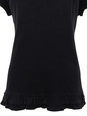 Logo Embroidered Frill Half Sleeve Top in Black