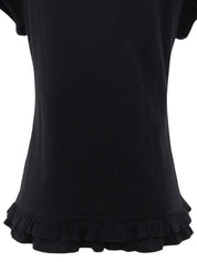 黑色刺绣Logo荷叶边短袖上衣