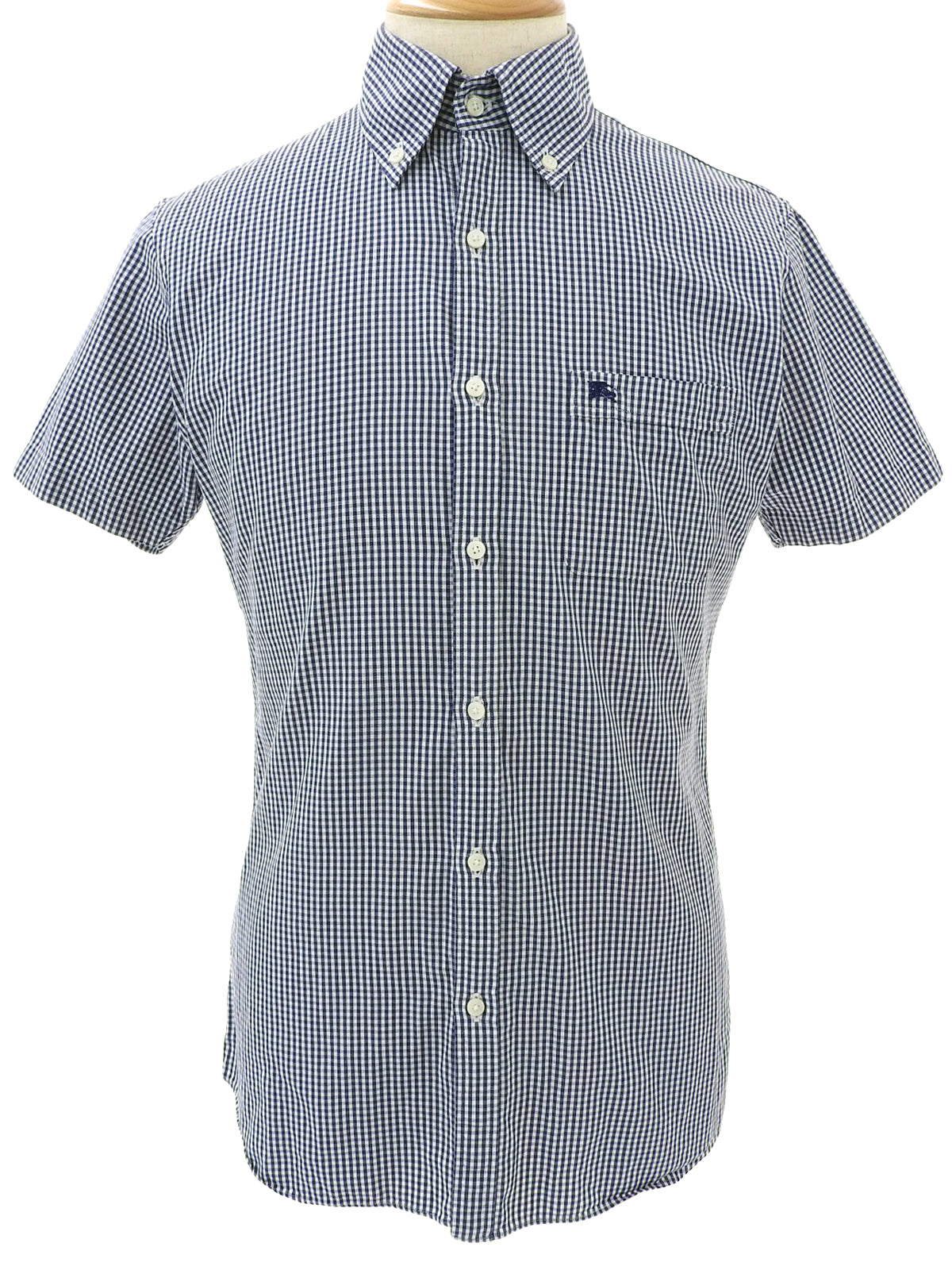 Gingham check pattern logo embroidered half sleeve shirt in blue/white