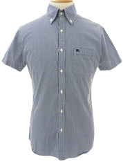 Gingham check pattern logo embroidered half sleeve shirt in blue/white