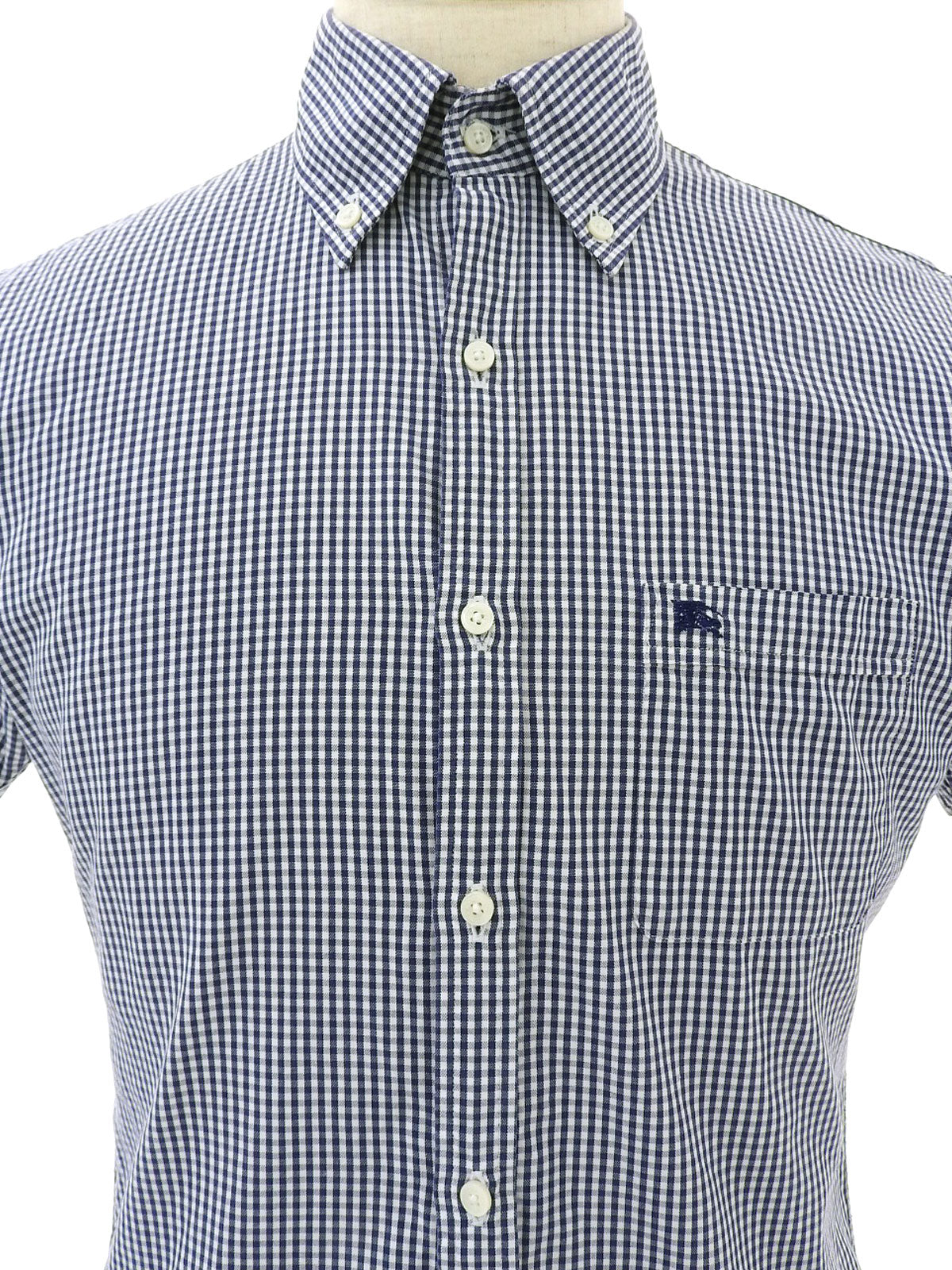 Gingham check pattern logo embroidered half sleeve shirt in blue/white