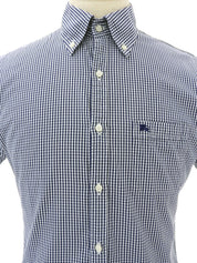 Gingham check pattern logo embroidered half sleeve shirt in blue/white