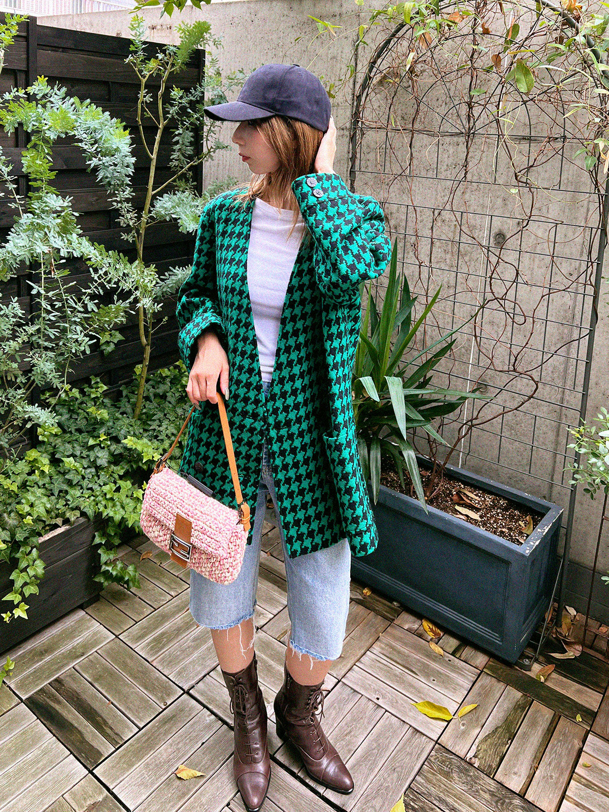 ハウンドトゥースパターンジャケット グリーン/ブラック