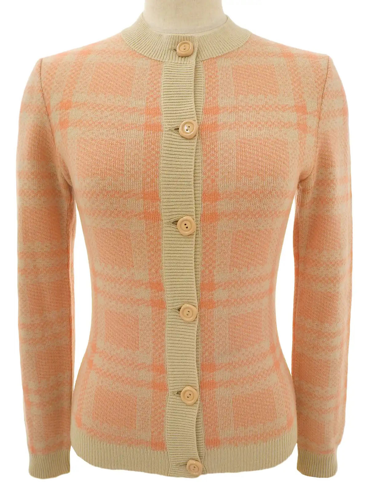 ウール長袖カーディガン ベージュ/サーモンピンク