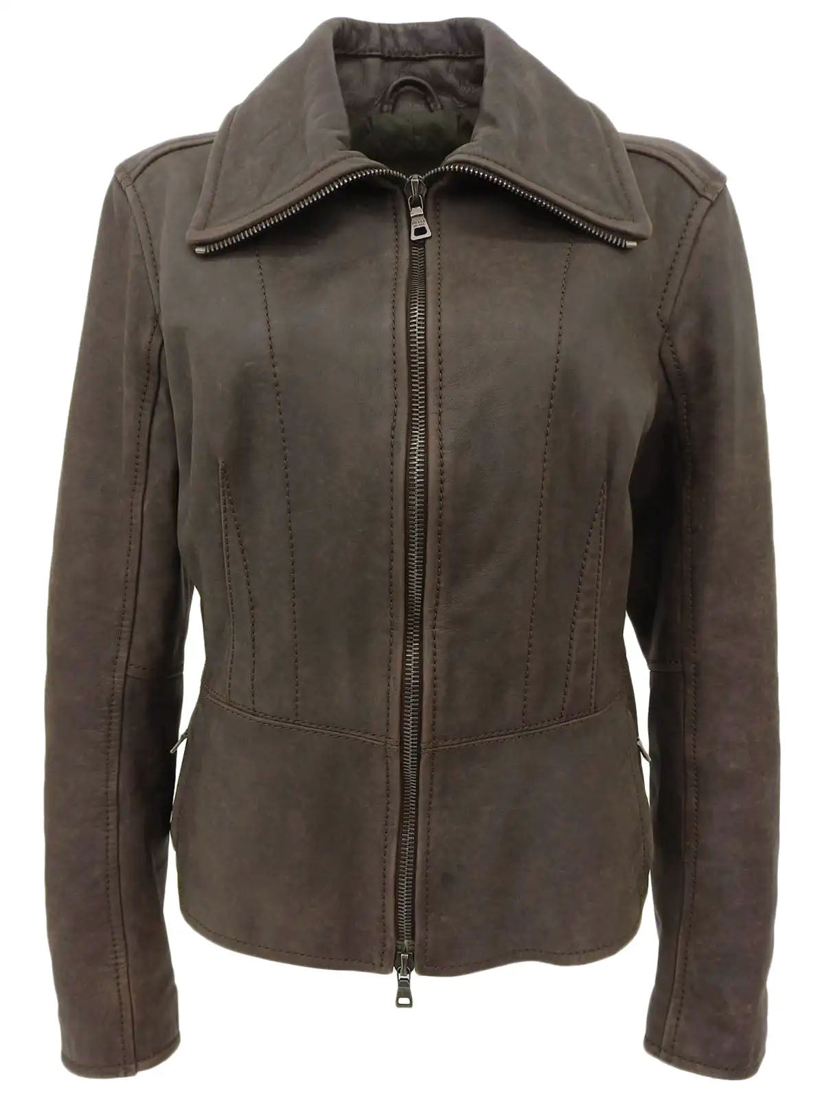 Brown leather logo zip-up jacket