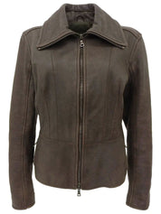 Brown leather logo zip-up jacket