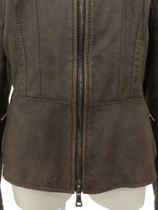 Brown leather logo zip-up jacket