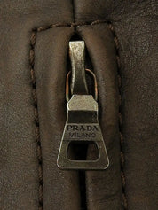 Brown leather logo zip-up jacket
