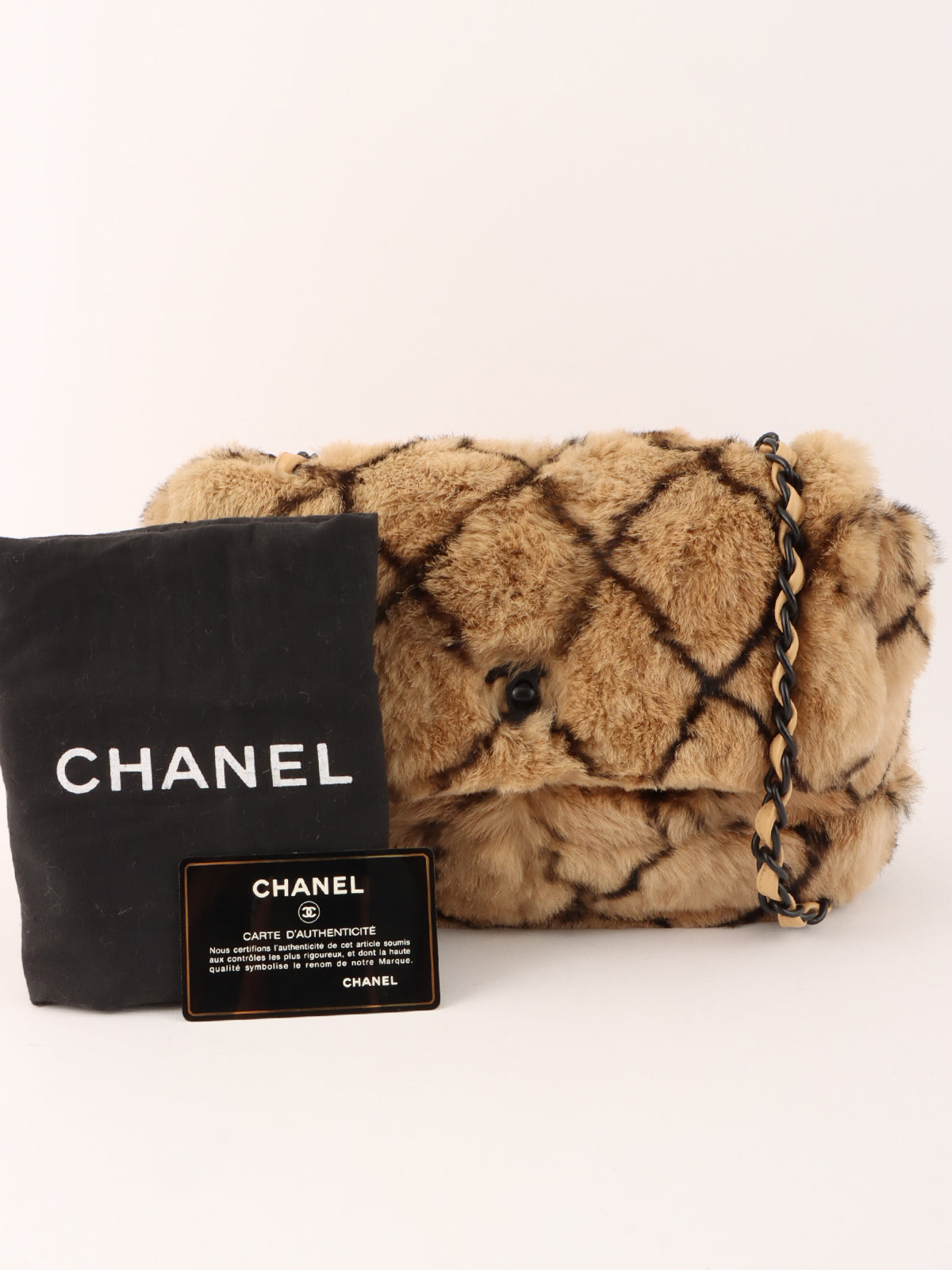 Circa 2000 Lapin Fur CC Turnlock Chain Shoulder Bag in Beige/Black