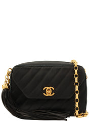 1992年製 サテンCCターンロックフリンジチェーンショルダーバッグ ブラック