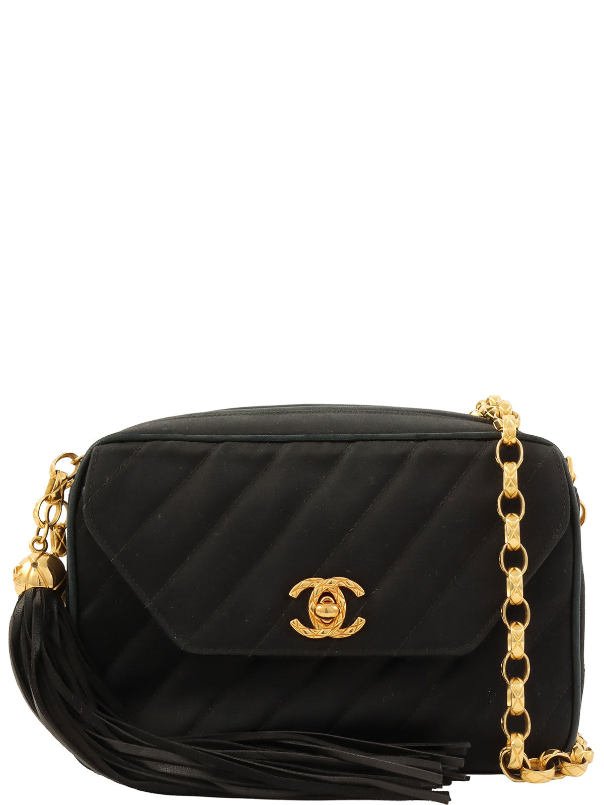 1992年製 サテンCCターンロックフリンジチェーンショルダーバッグ ブラック